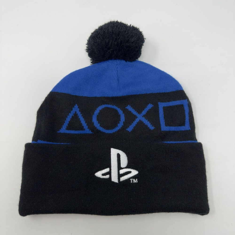 Sony PlayStation CultureFly Black Blue Pom Beanie Knit Hat One Size Fits Most